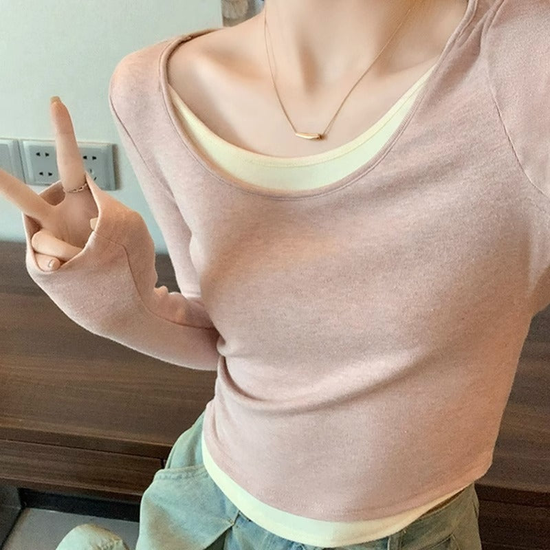Pink U-Collar Contrast Stitching Winter Inner Top Women