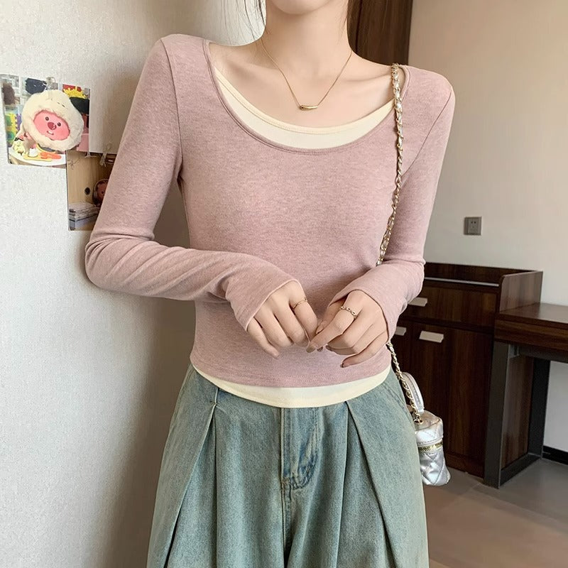 Pink U-Collar Contrast Stitching Winter Inner Top Women