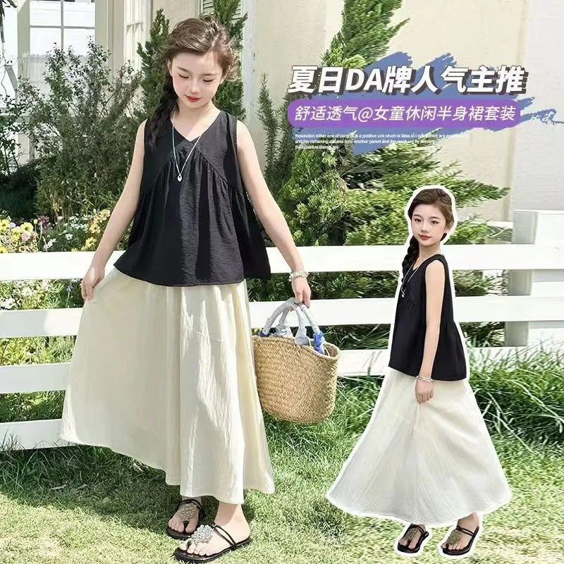 Girls’ Summer 2025 Sleeveless Top & Skirt Set – Summer Kids Fashion Nepal | Tudoholic