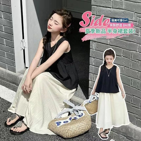 Girls’ Summer 2025 Sleeveless Top & Skirt Set – Summer Kids Fashion Nepal | Tudoholic