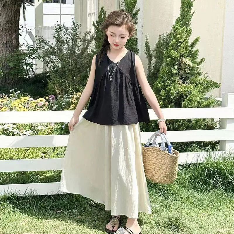 Girls’ Summer 2025 Sleeveless Top & Skirt Set – Summer Kids Fashion Nepal | Tudoholic