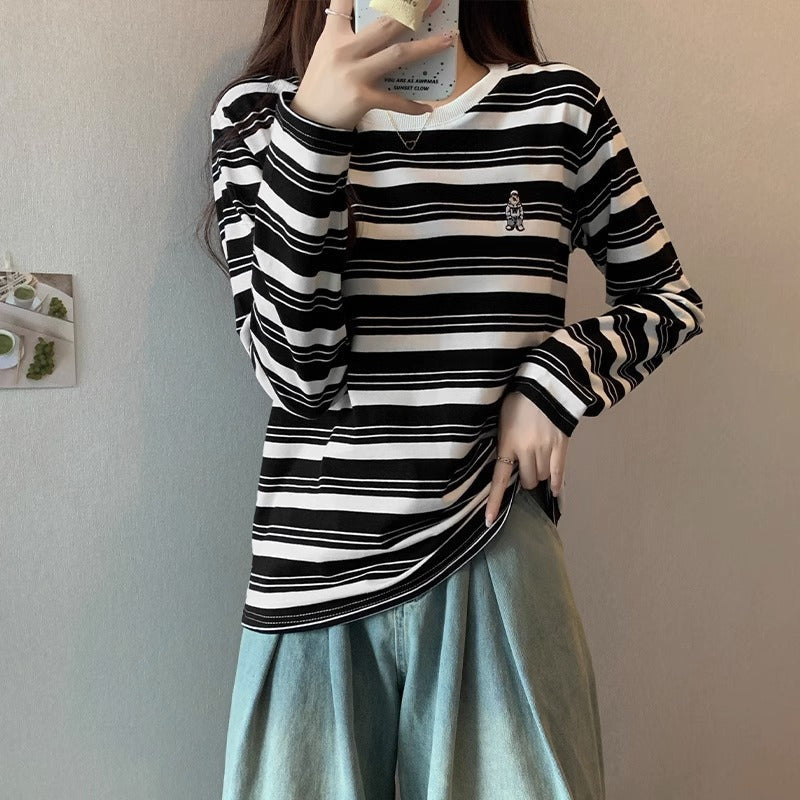 Retro Striped Cotton Loose Shirt Women Autumn Top