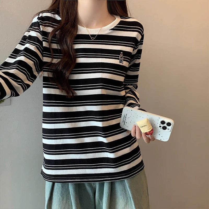 Retro Striped Cotton Loose Shirt Women Autumn Top