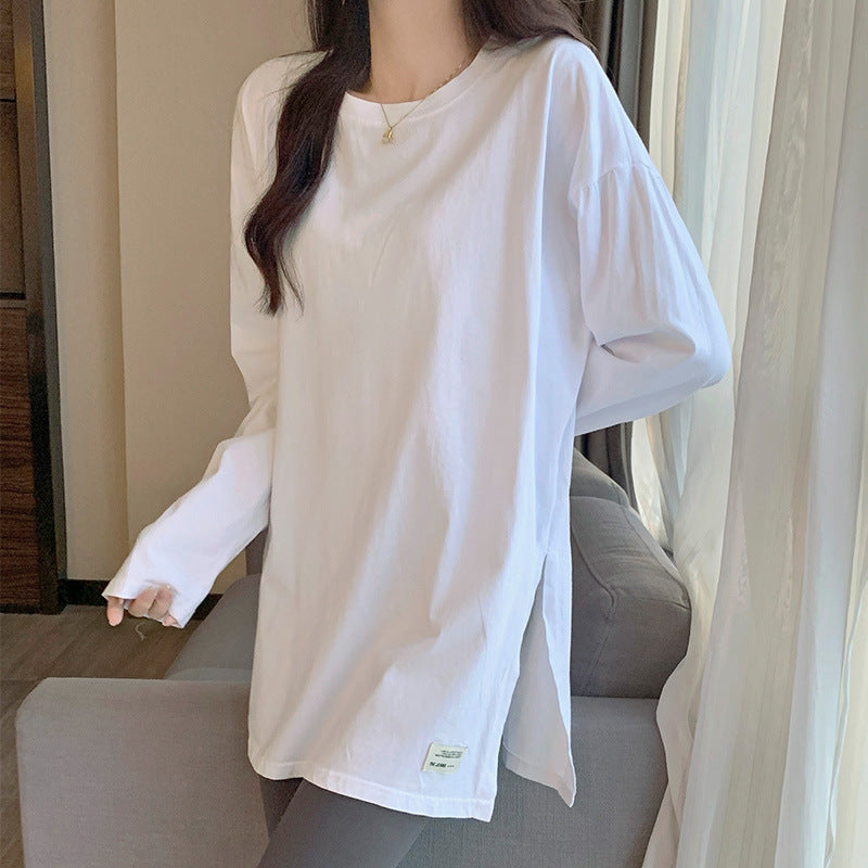 White Cotton Split Base Shirt Women Autumn Long Sleeve