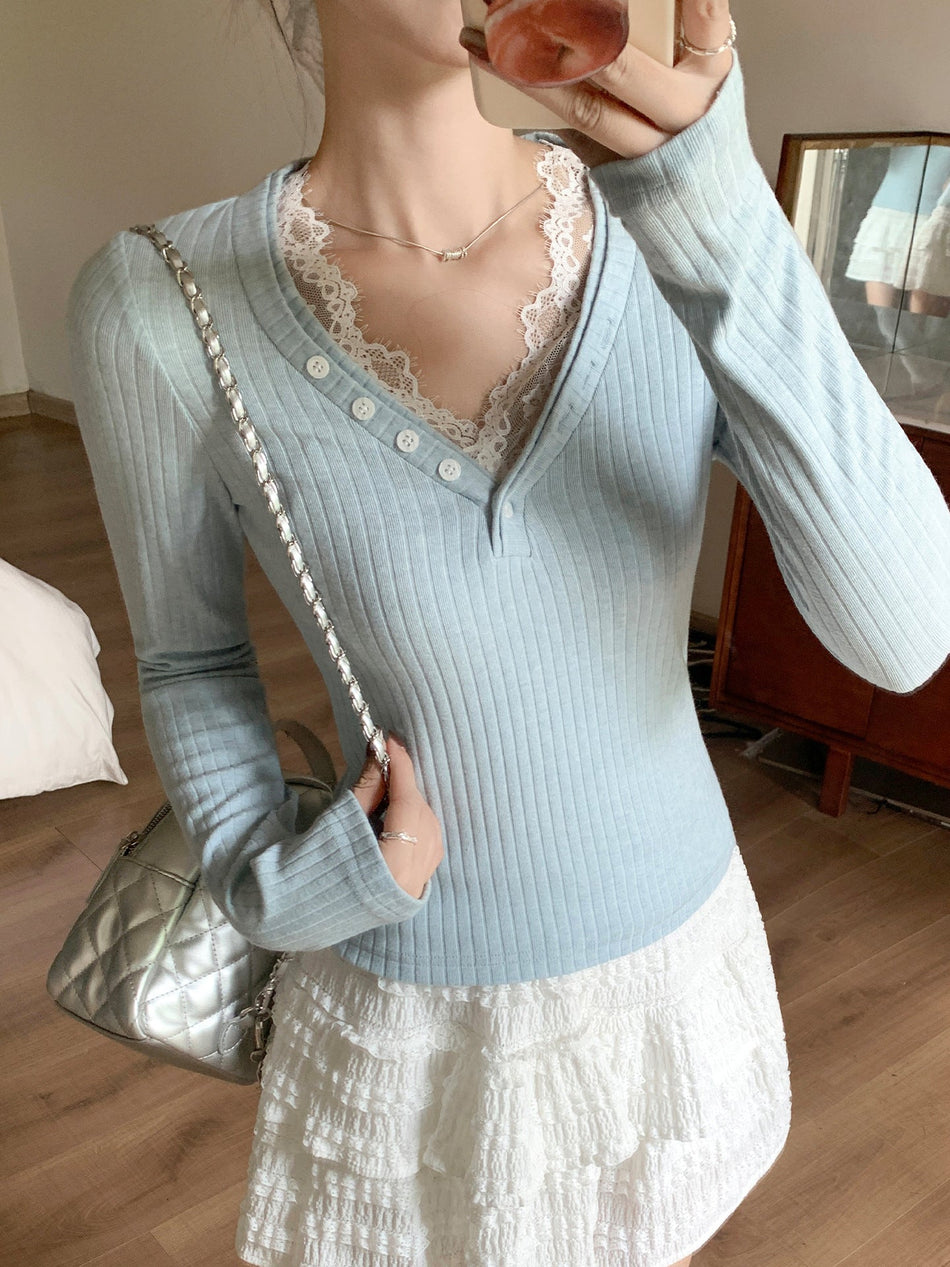 Lace Patchwork Knit Slim T-Shirt Women Autumn 2026
