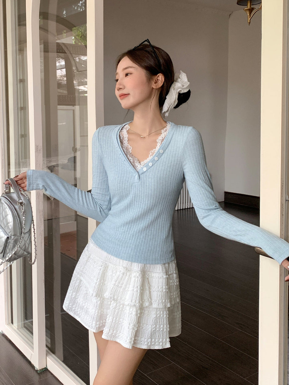 Lace Patchwork Knit Slim T-Shirt Women Autumn 2026