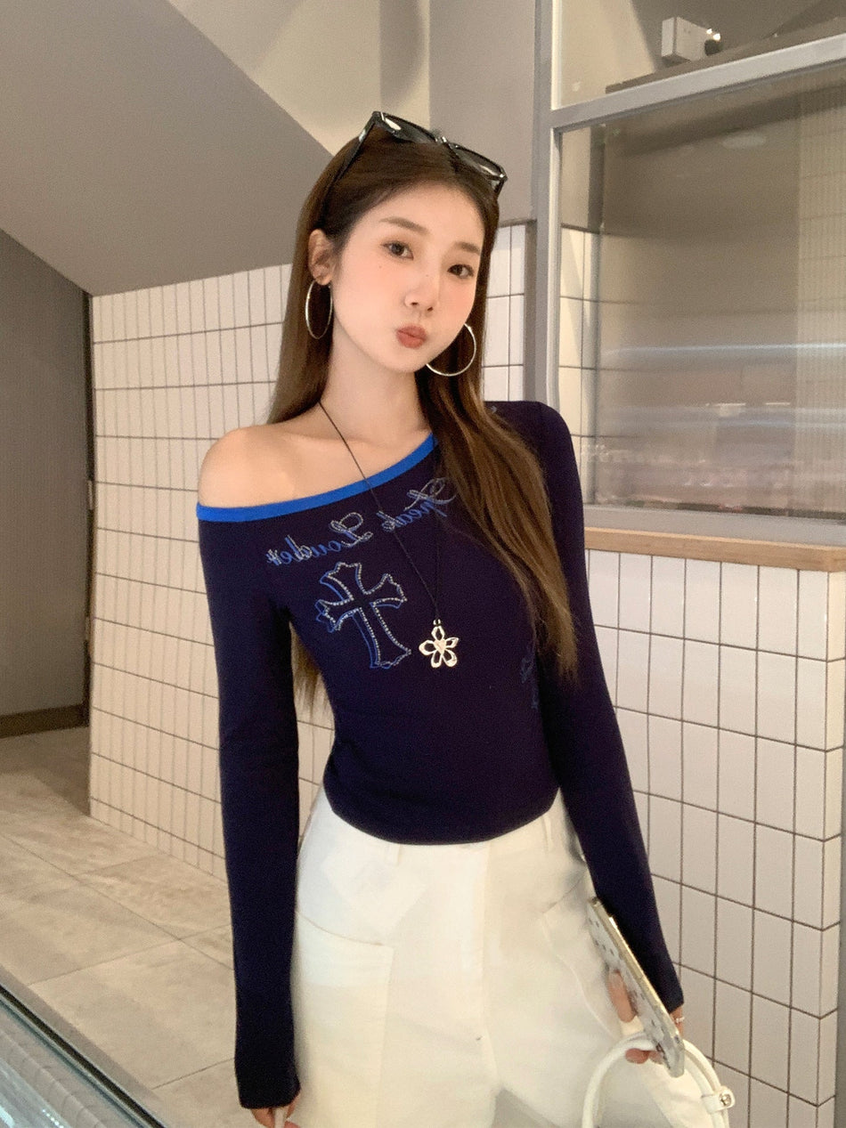Cross Print Off Shoulder Long Sleeve Women Fall Top