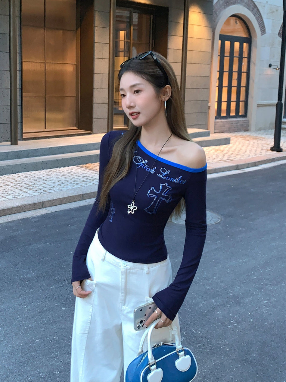 Cross Print Off Shoulder Long Sleeve Women Fall Top