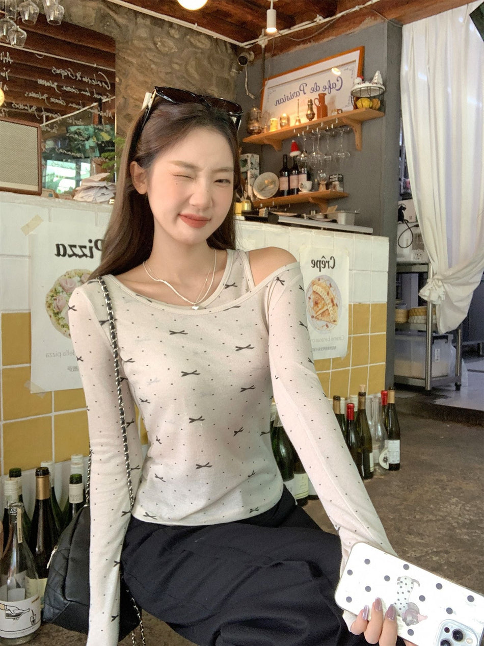 Polka Dot Bowknot Fake Two-Piece Women Autumn Top