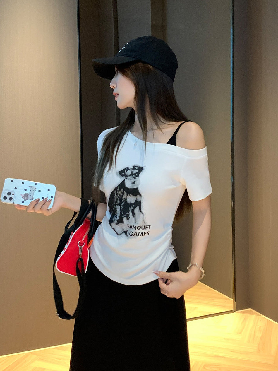 White Puppy Print One Shoulder Slim T-Shirt Women