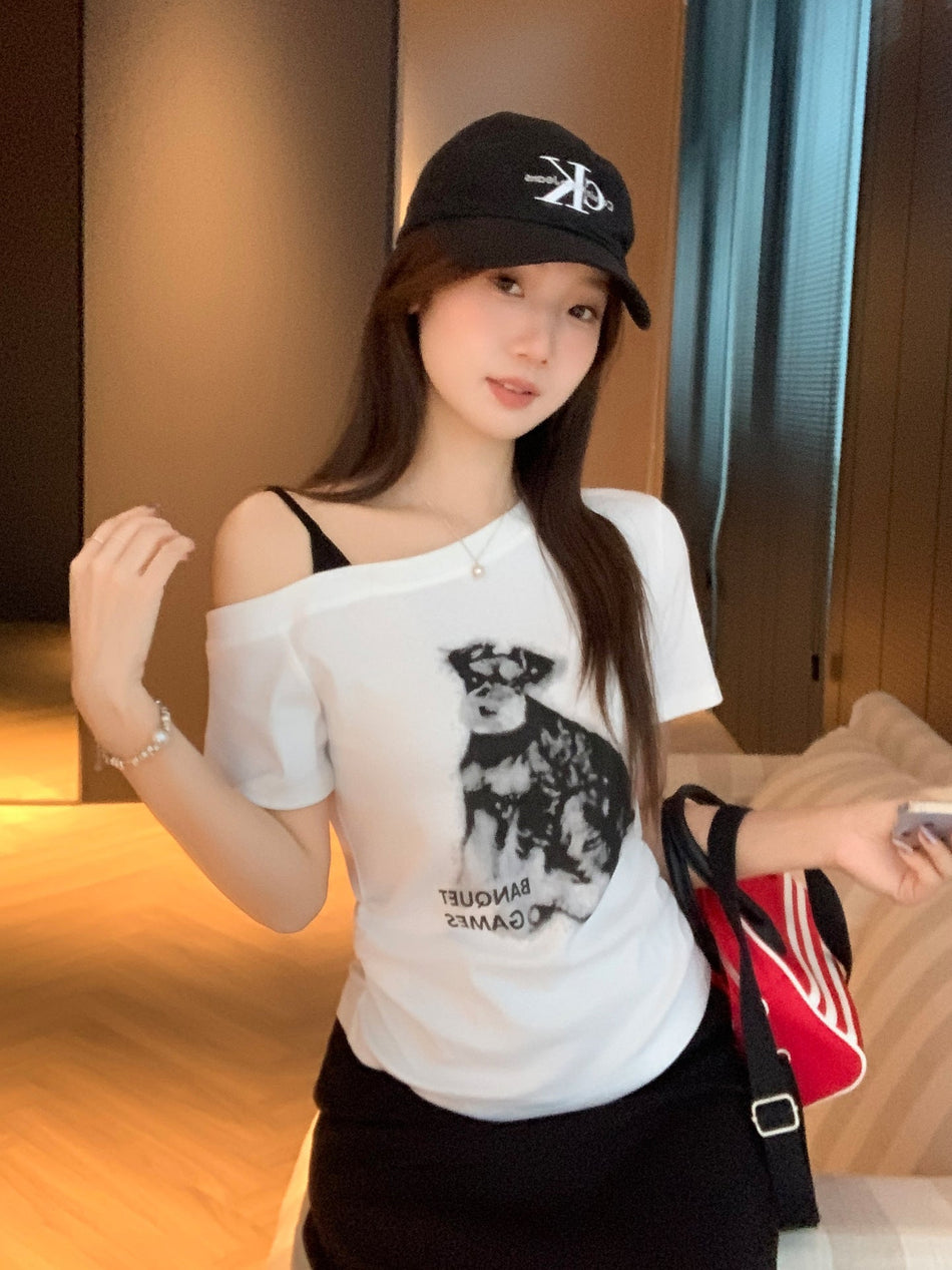 White Puppy Print One Shoulder Slim T-Shirt Women