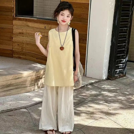 Girls' Vest Set Summer 2025 New Children's Summer Outfit Korean Style Trendy and Stylish Big Kids Wide-Leg Pants Two-Piece...