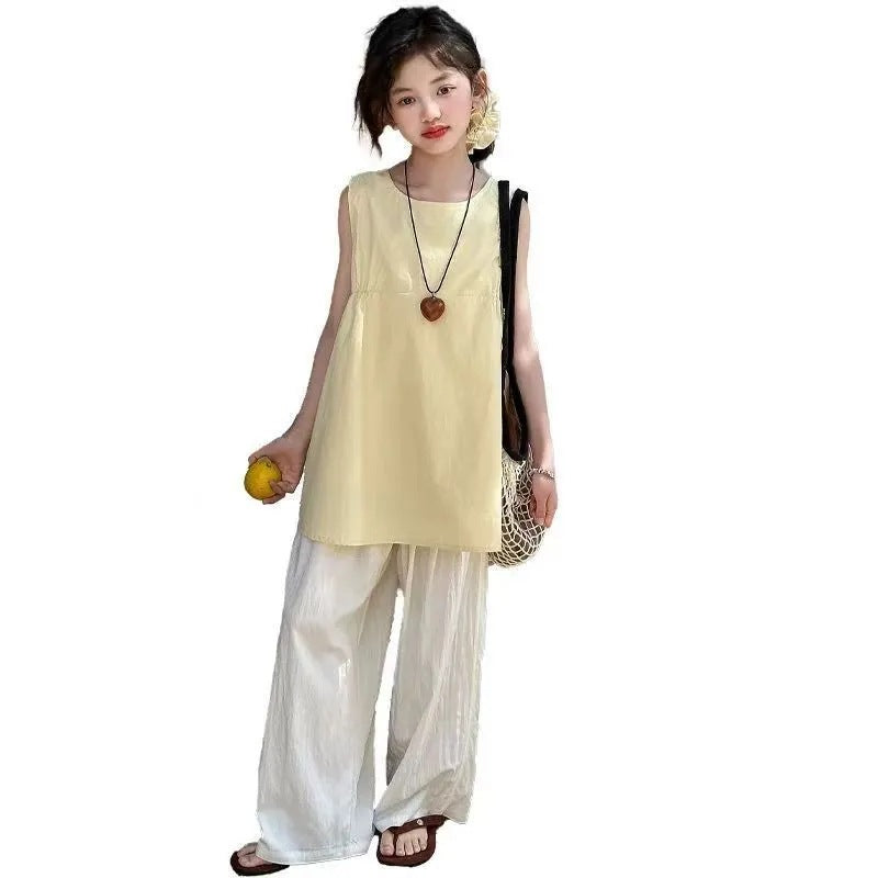 Girls' Vest Set Summer 2025 New Children's Summer Outfit Korean Style Trendy and Stylish Big Kids Wide-Leg Pants Two-Piece...