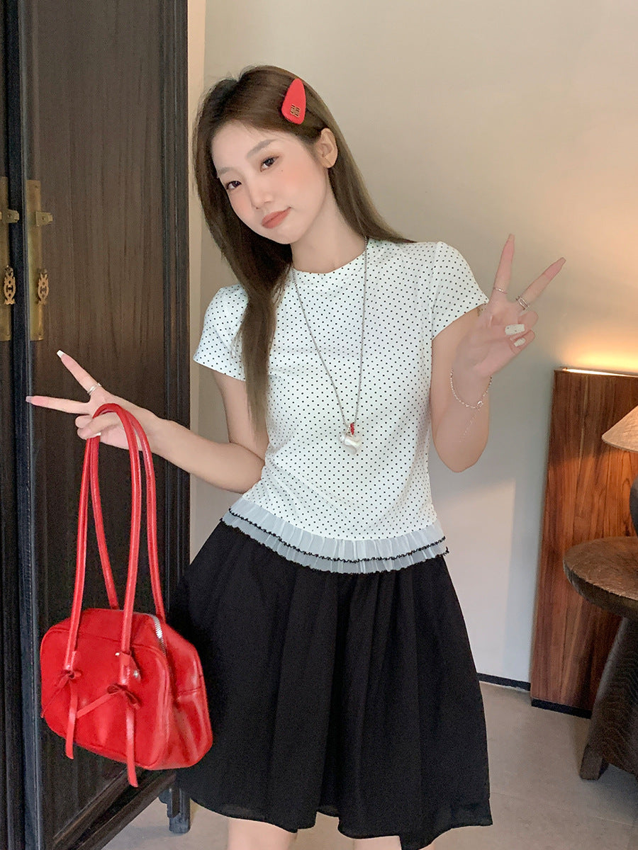 White Polka Dot Lace Hem T-Shirt Women Summer Slim Top