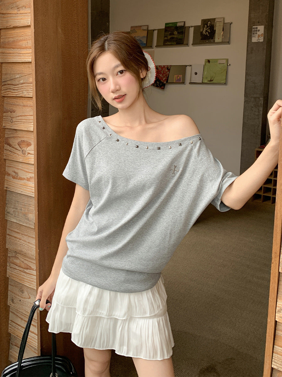 Korean Off-Shoulder Embroidered Crop Top Women Summer