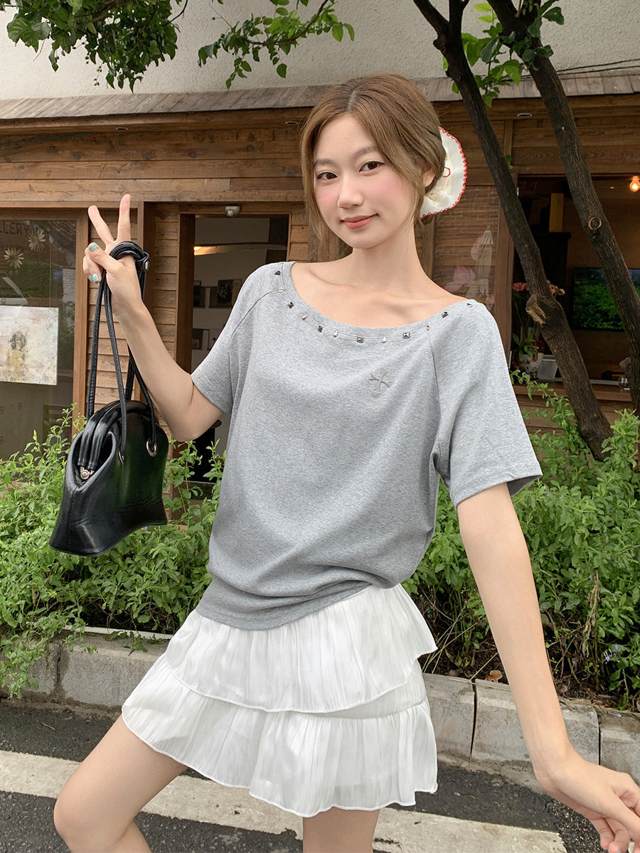 Korean Off-Shoulder Embroidered Crop Top Women Summer