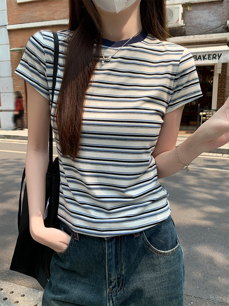 Retro Striped Slim T-Shirt Women Waist Cinch Summer