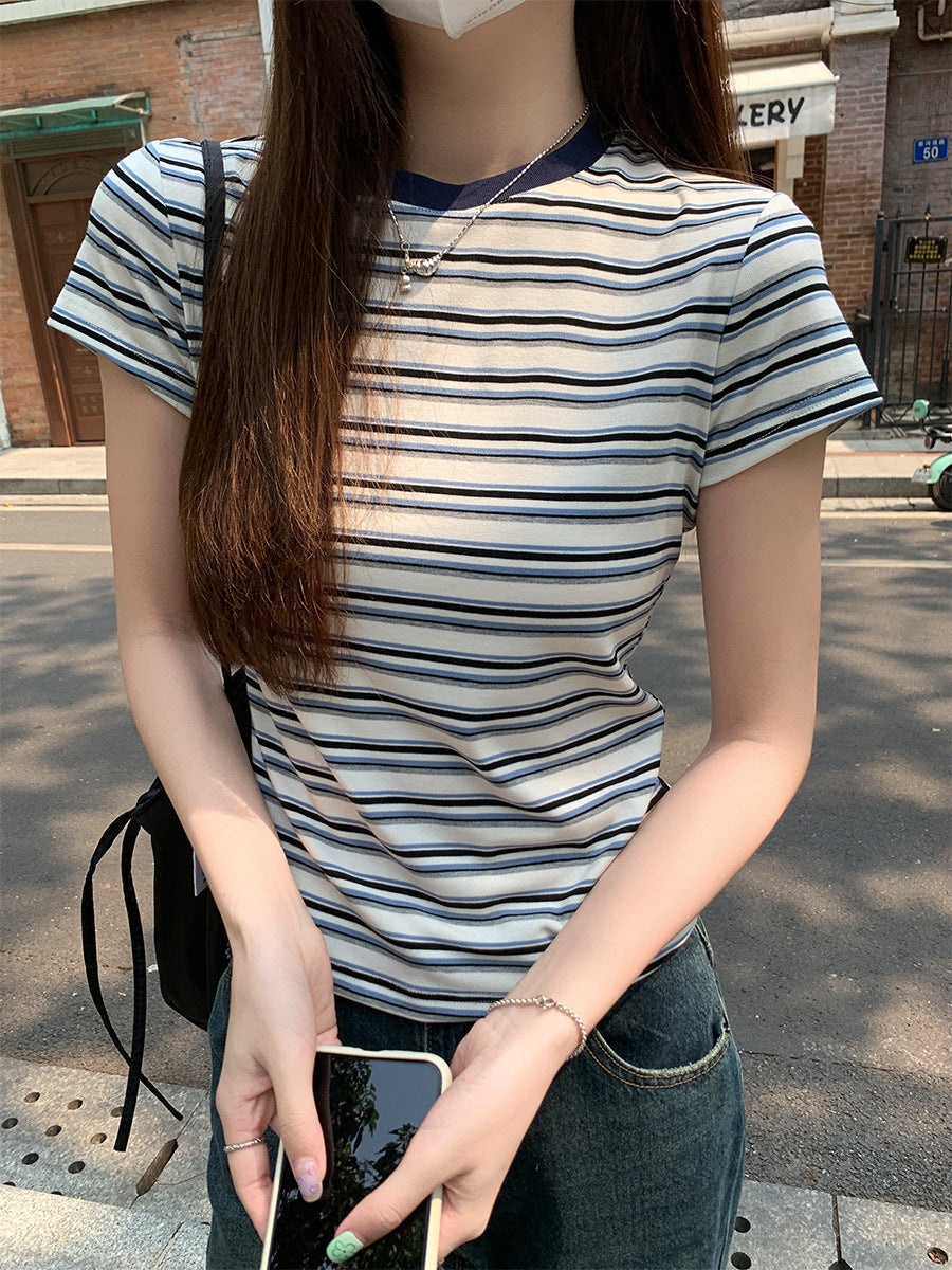 Retro Striped Slim T-Shirt Women Waist Cinch Summer