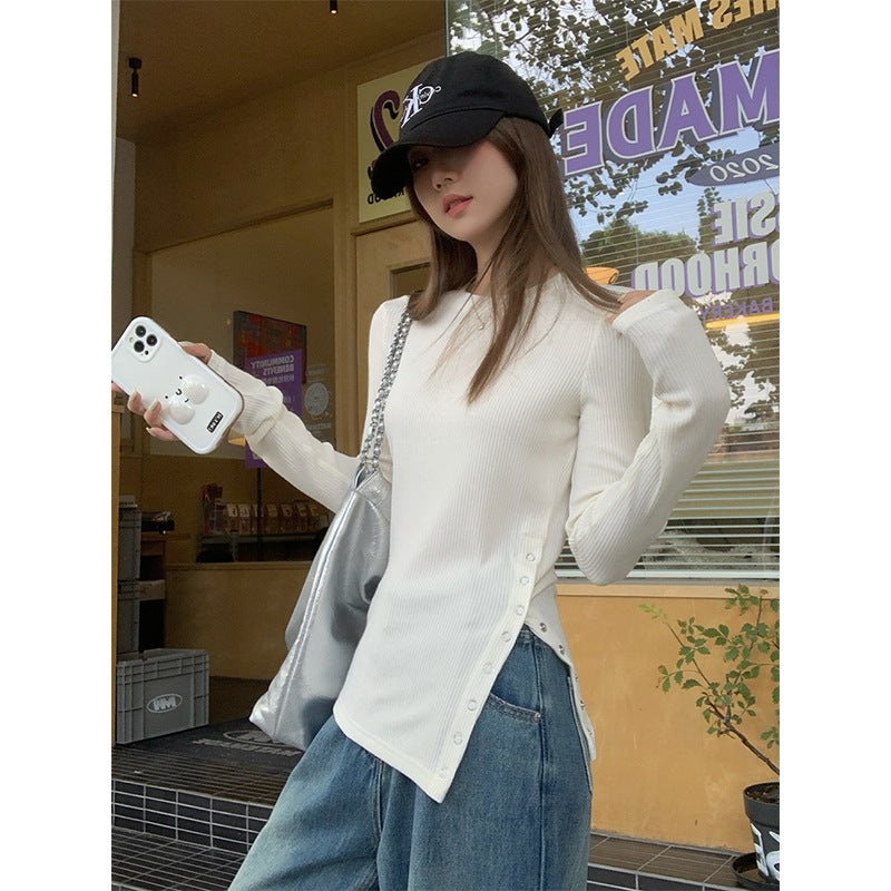 White Slim Button Split Base Shirt Women Winter Top