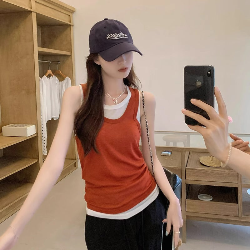 Red Vintage Camisole Vest Women Summer Loose Top