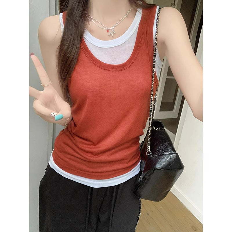 Red Vintage Camisole Vest Women Summer Loose Top