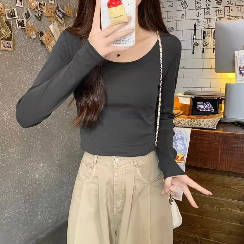 Cotton Slim Round Neck Long Sleeve Women Autumn Top