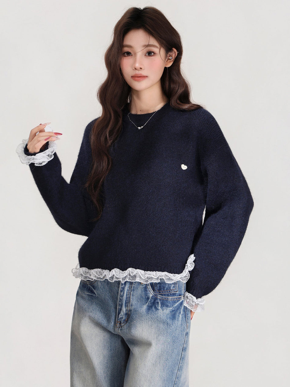 Lace Hem Thick Knit Sweater Women Winter Coat