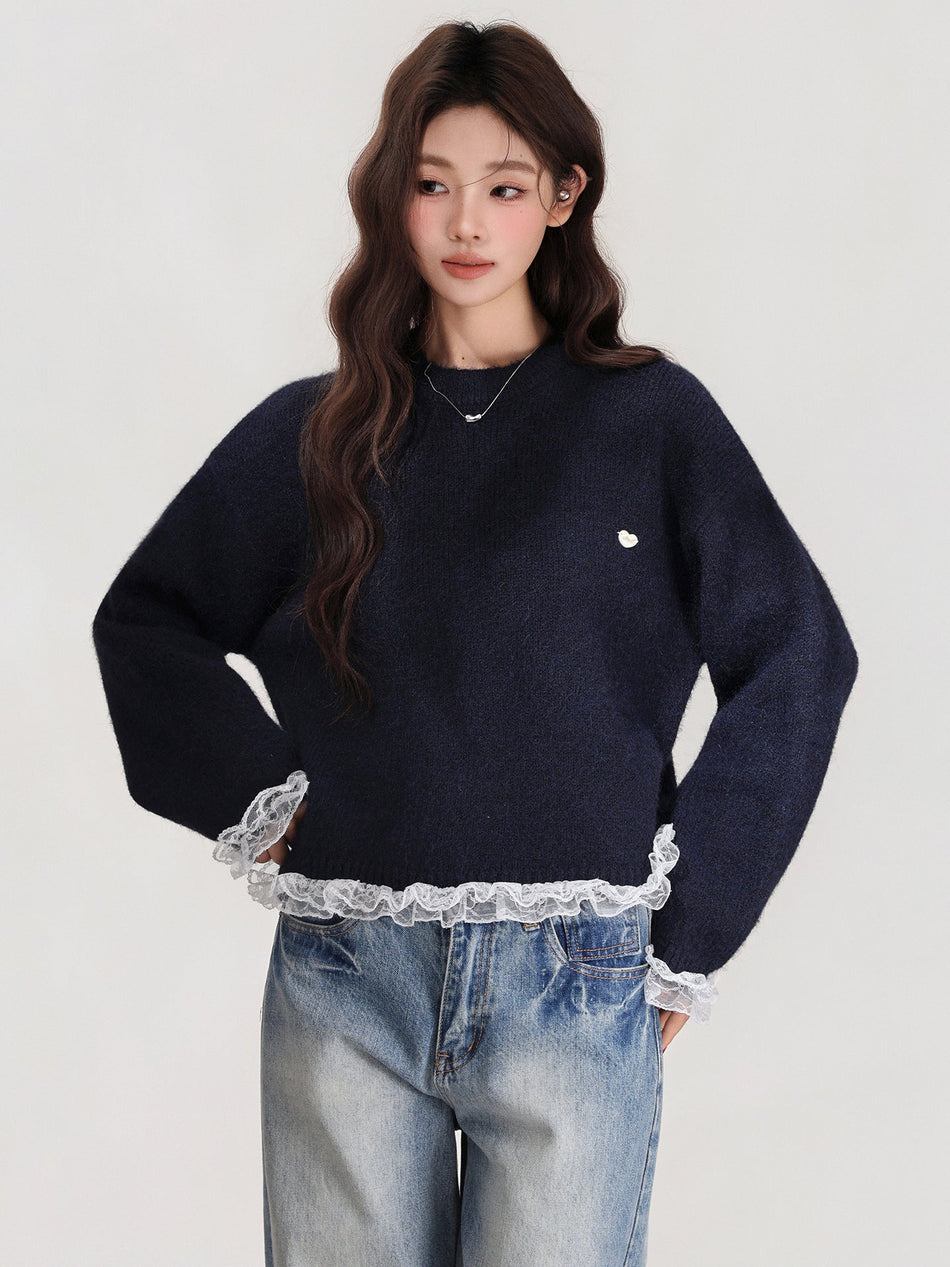 Lace Hem Thick Knit Sweater Women Winter Coat