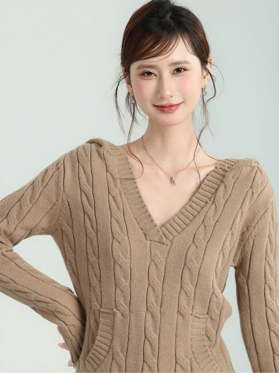 V-Neck Hooded Knit Sweater Women Winter Base Top