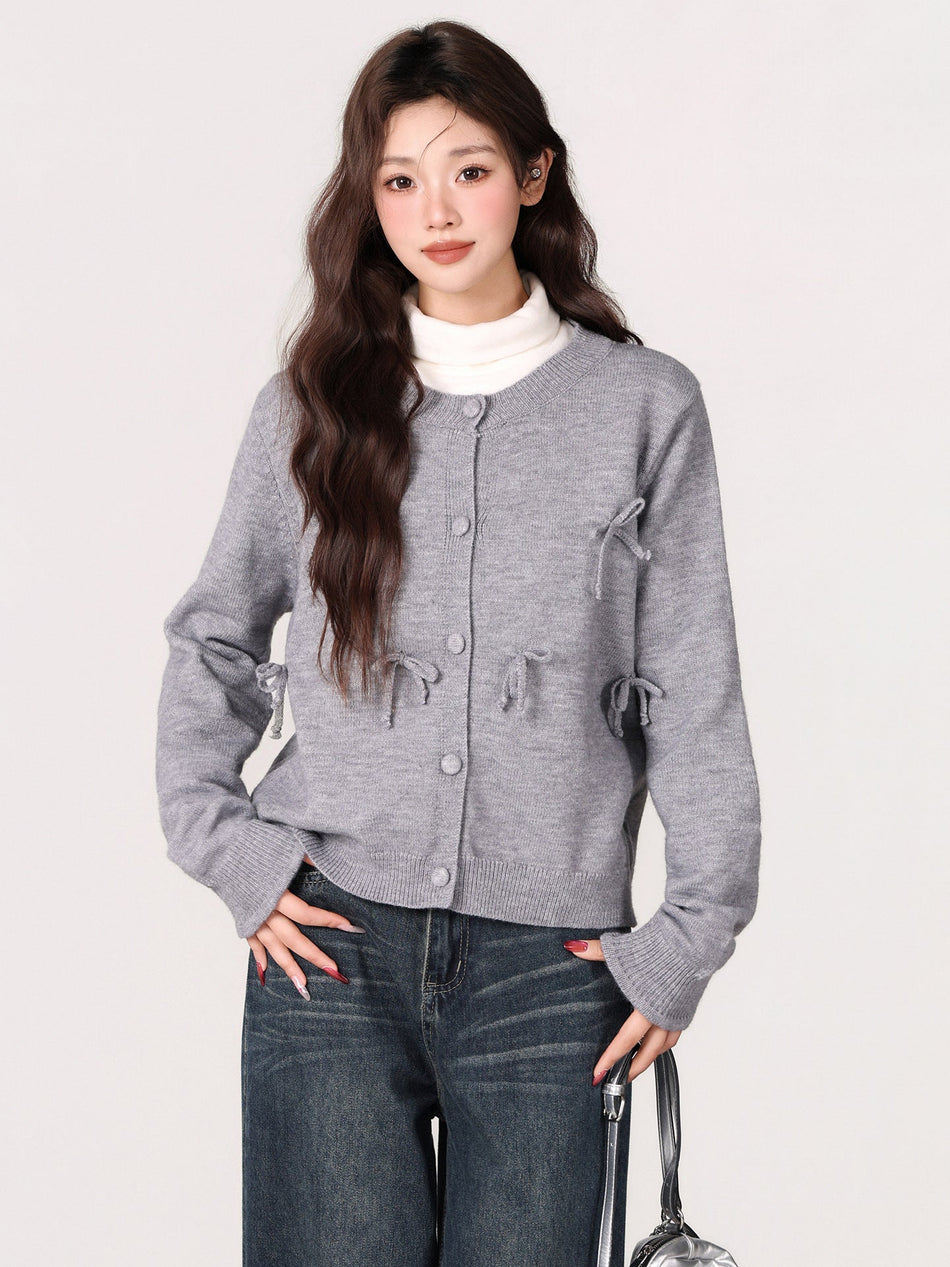 Bow Knit Sweater Women Round Neck Winter Outer Top