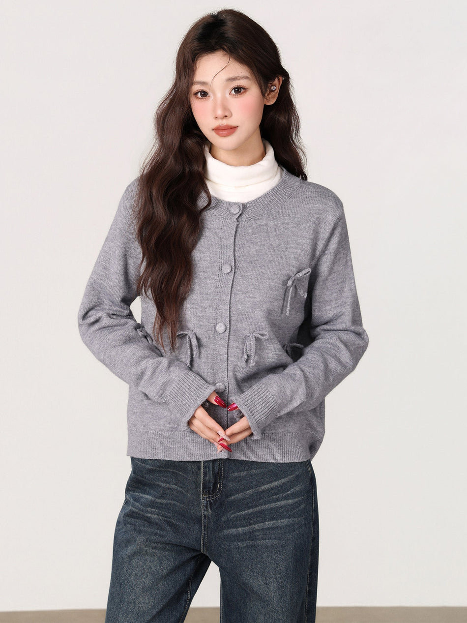 Bow Knit Sweater Women Round Neck Winter Outer Top