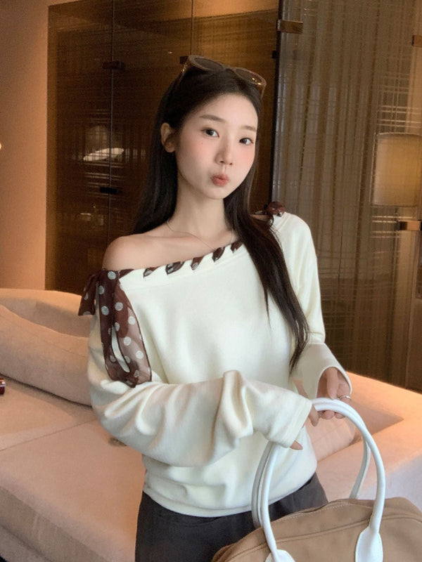 STOCK-Slanted Collar Strap Design Women Long Sleeve Top