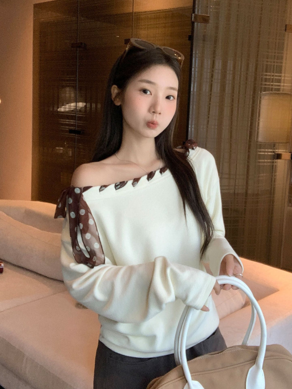 Slanted Collar Strap Design Women Long Sleeve Top