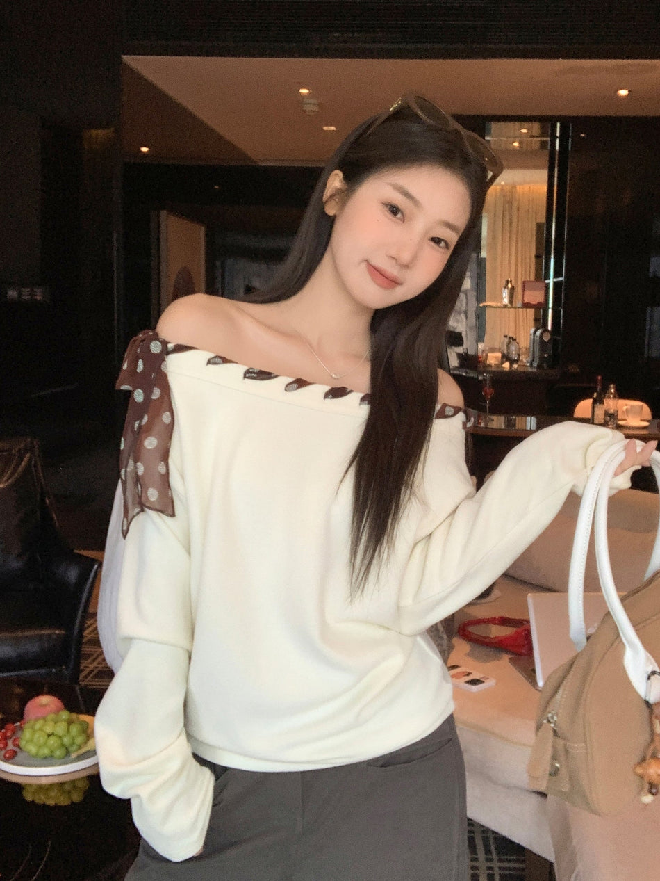 Slanted Collar Strap Design Women Long Sleeve Top