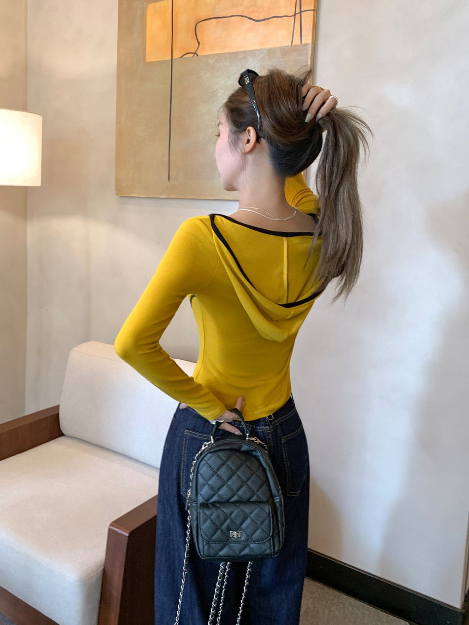 Yellow Hooded Round Neck Women Long Sleeve Base Top