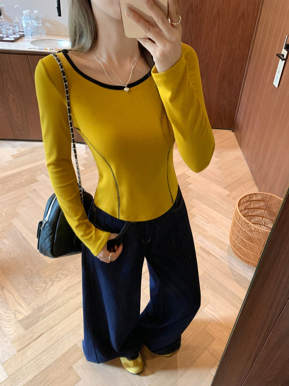 Yellow Hooded Round Neck Women Long Sleeve Base Top