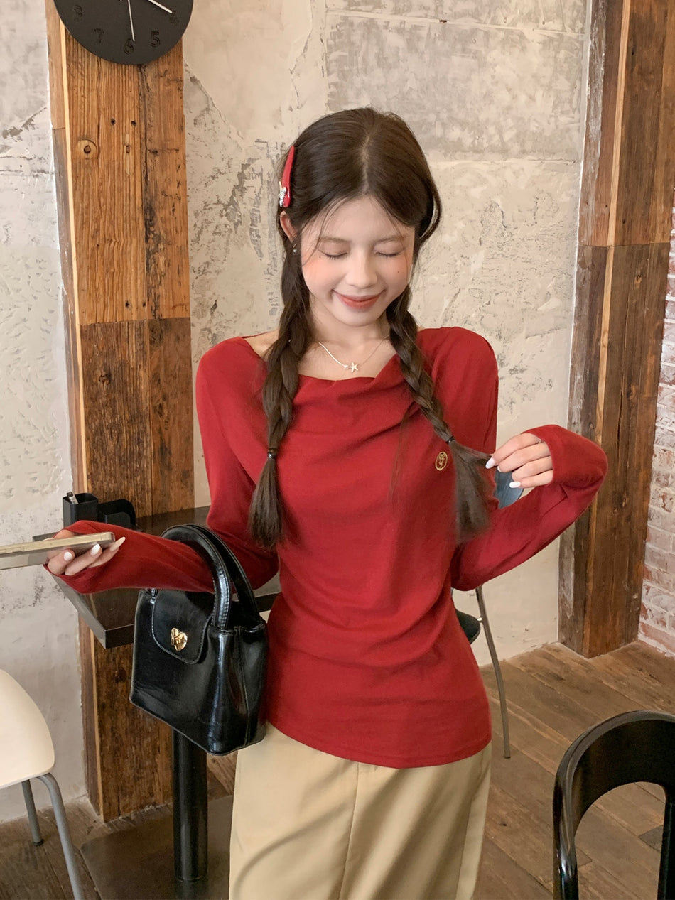 Red Off-Shoulder Embroidered Women Long Sleeve Top