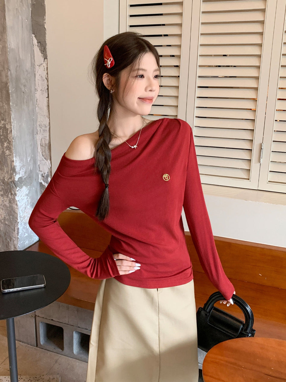 Red Off-Shoulder Embroidered Women Long Sleeve Top