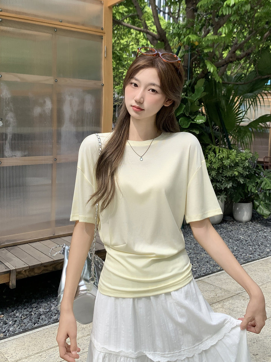 Milky Yellow Pleated Round Neck T-Shirt Women 2026