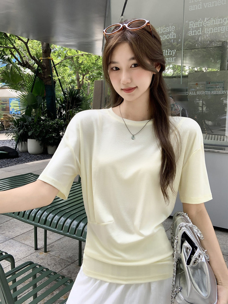 Milky Yellow Pleated Round Neck T-Shirt Women 2026