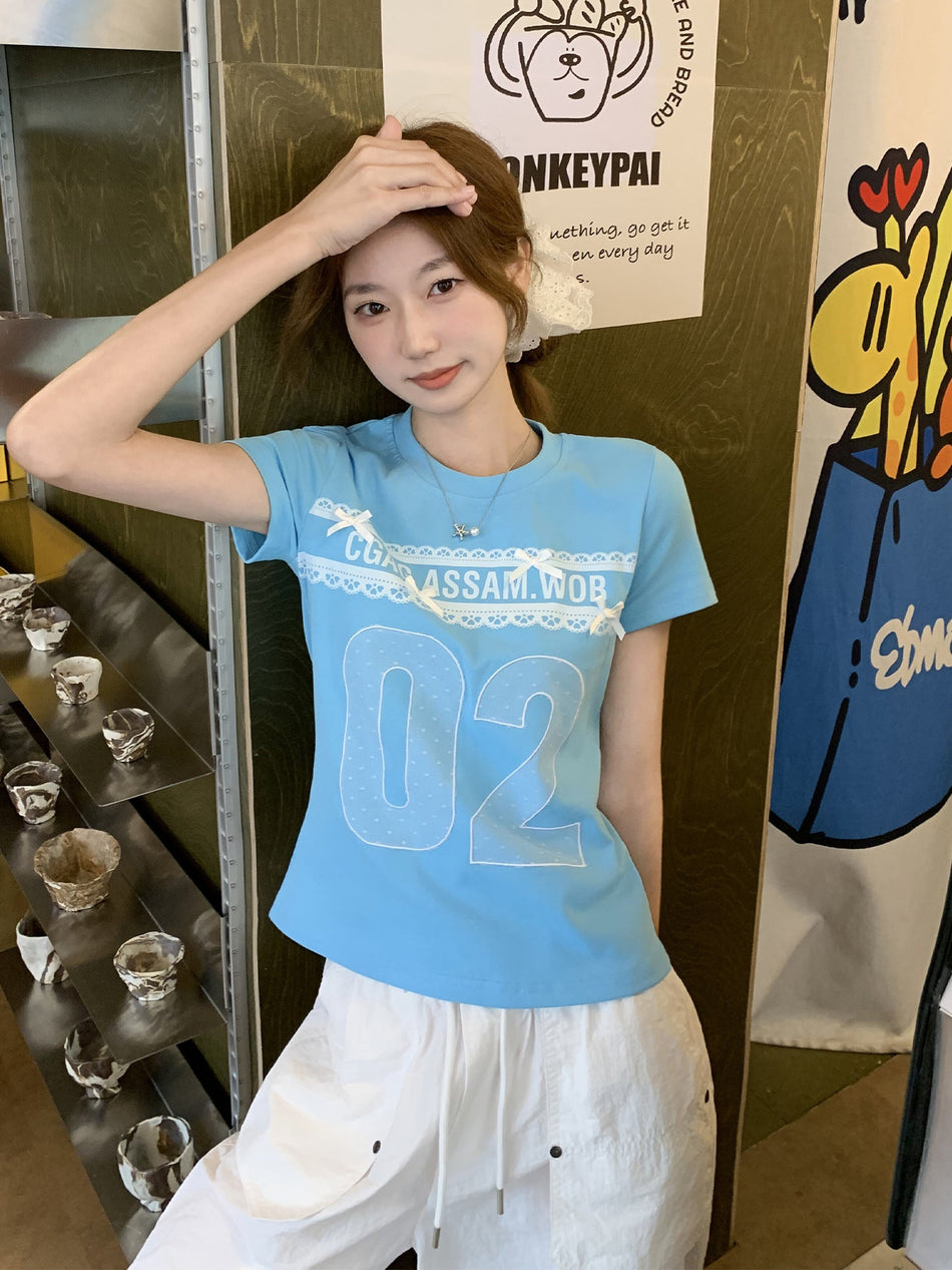 Bow Lace Embroidered Round Neck T-Shirt Women 2025