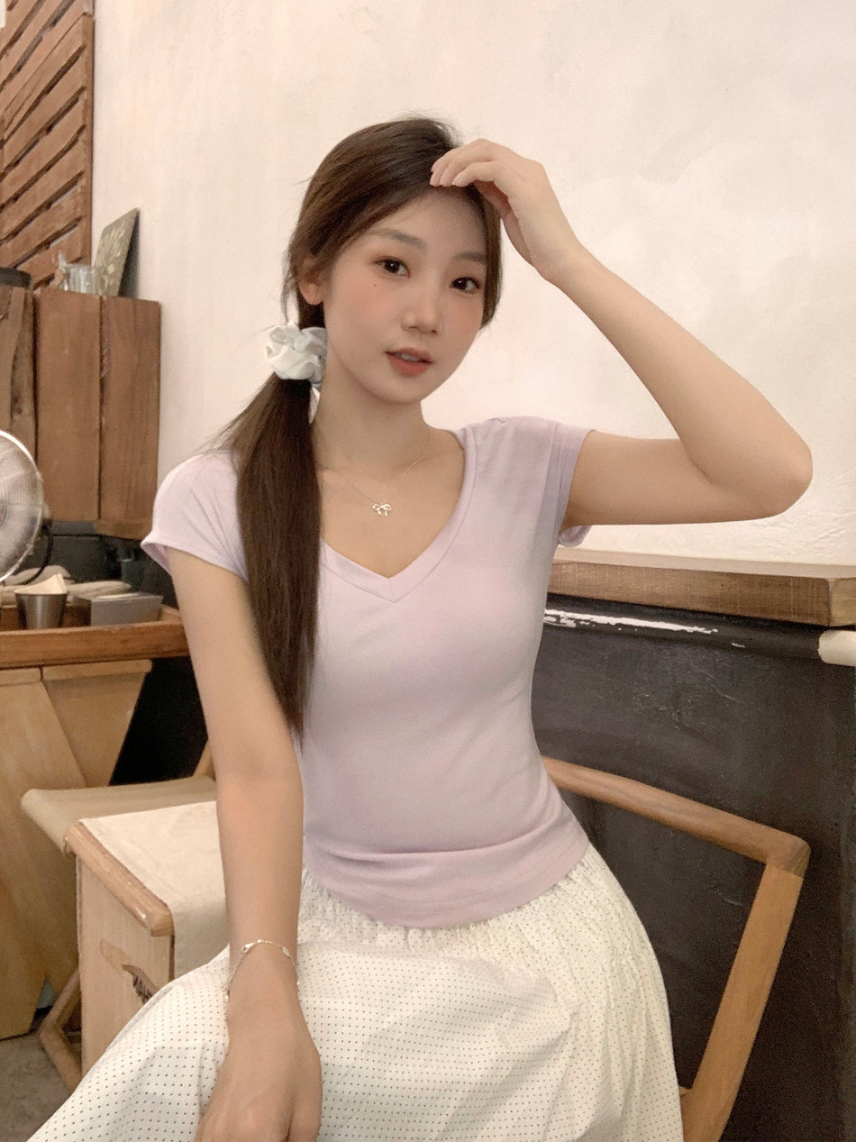 Purple Lyocell V-Neck Slim Fit T-Shirt Women 2026