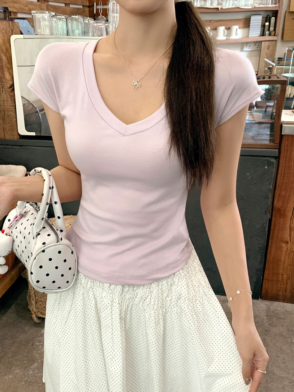 Purple Lyocell V-Neck Slim Fit T-Shirt Women 2026