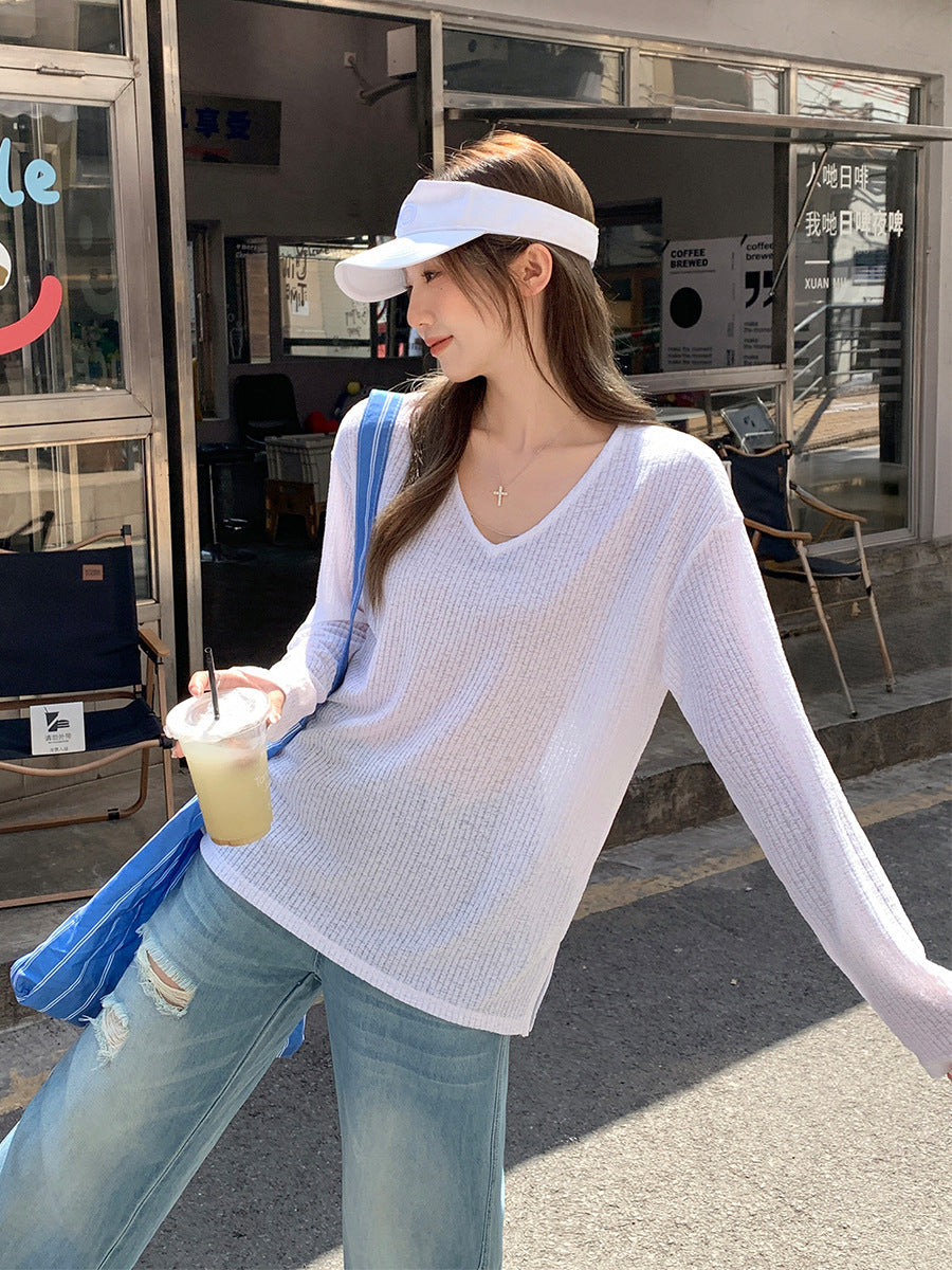 White V-Neck Slim Fit Long Sleeve Summer Blouse Women