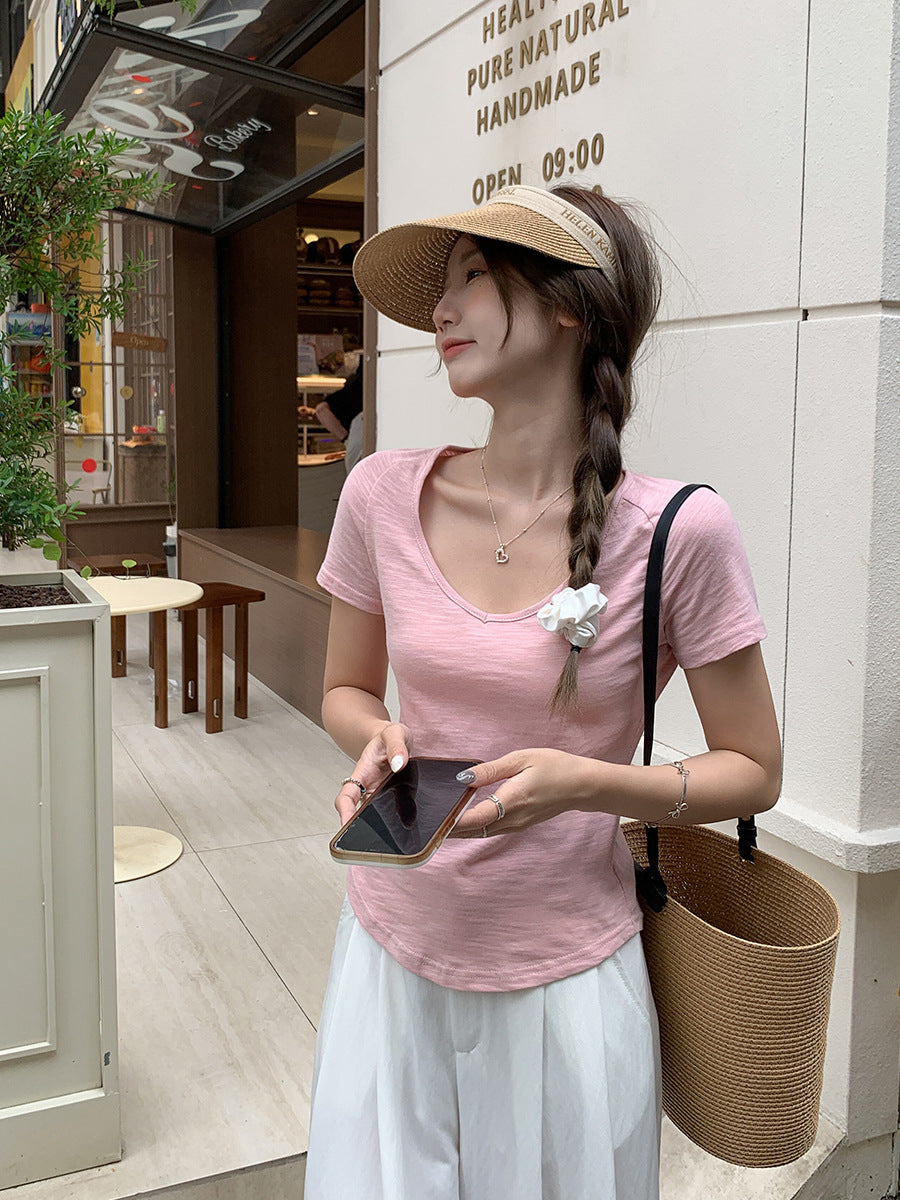 Pink U-Neck Loose Short Sleeve T-Shirt Women Summer 2026