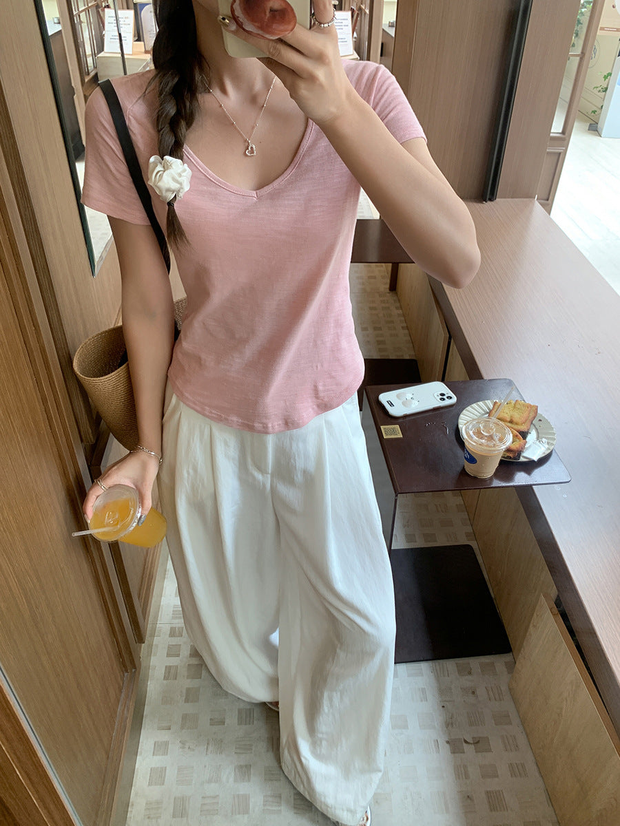 Pink U-Neck Loose Short Sleeve T-Shirt Women Summer 2026