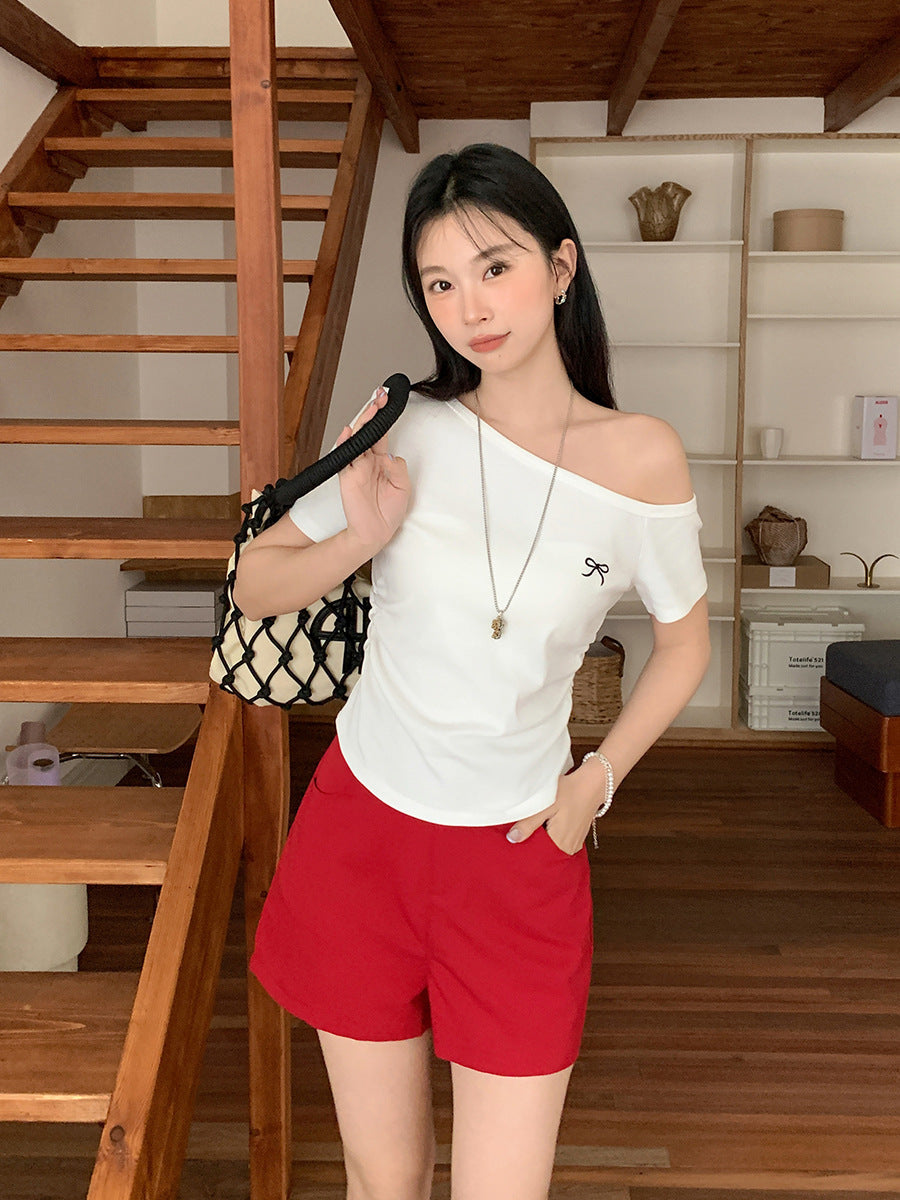 Off-Shoulder Bow Pleated Slim Fit T-Shirt Women 2026