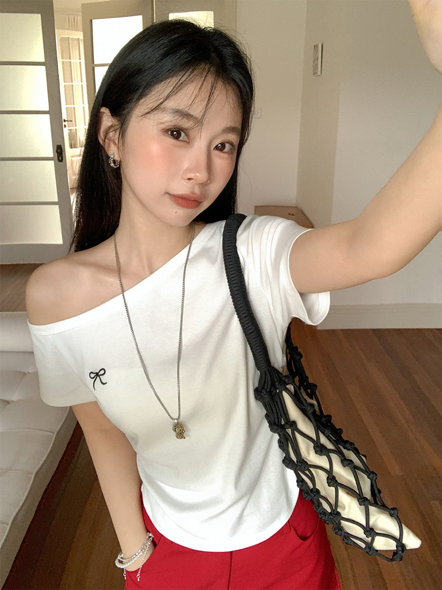 Off-Shoulder Bow Pleated Slim Fit T-Shirt Women 2026