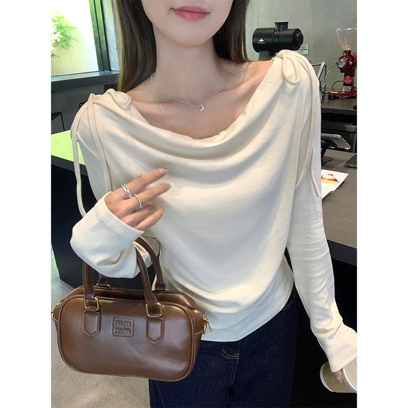 Apricot Off-Shoulder Bow Long Sleeve T-Shirt Women 2026