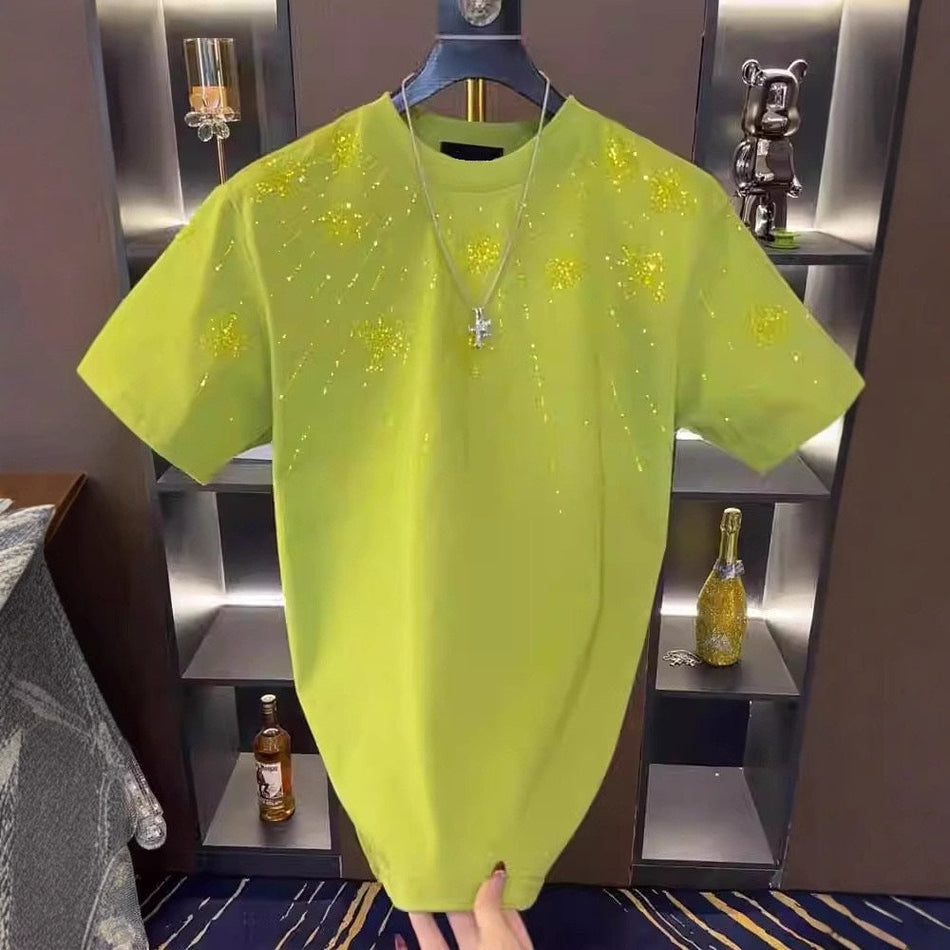 Luxury Rhinestone Round Neck Summer T-Shirt